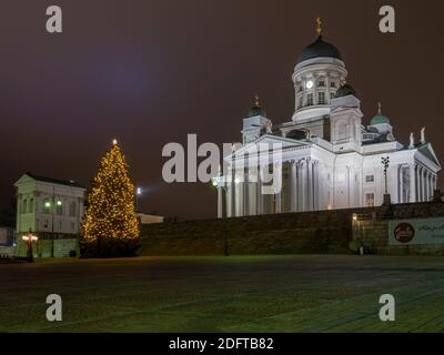 Helsinki / Finnland - 6. Dezember 2020: Die beleuchtete Kathedrale von Helsinki blickt auf einen großen weihnachtsbaum auf dem Senatsplatz. Stockfoto