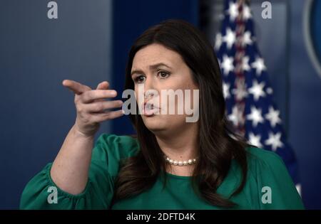 Die Presseministerin Sarah Sanders hält die Pressekonferenz im Weißen Haus nur wenige Tage nach den Massenschießarbeiten in der Tree of Life Synagoge in Pittsburgh, die am 29. Oktober 2018 in Washington, DC, 11 Menschen das Leben kostete.Foto: Olivier Douliery/ABACAPRESS.COM Stockfoto