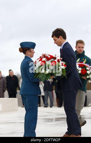 Kanadas Premierminister Justin Trudeau, der am 10. November 2018 in Vimy, am Vorabend der gedenkfeiern zum 100. Jahrestag des Waffenstillstands vom 11. November 1918, an einer Zeremonie anlässlich der im Ersten Weltkrieg getöteten kanadischen Soldaten im Canadian National Vimy Memorial teilnahm, Ende des Ersten Weltkriegs.Foto: Sylvain Lefevre/ABACAPRESS.COM Stockfoto