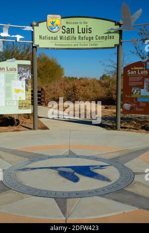 Besucherzentrum Eingangsbogen, San Luis National Wildlife Refuge, Kalifornien Stockfoto