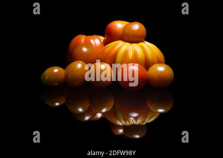 Verschiedene Arten von Tomaten stapelten sich unter Licht Stockfoto