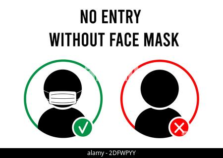 Kein Eintrag ohne Gesichtsmaske. Keine Gesichtsmaske kein Eintrag. Symbol. Warnschild. Vector Vordertürplatte. Vektorgrafik. Stock Vektor