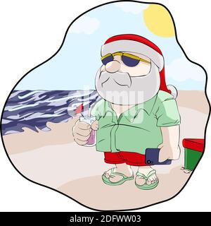 Illustration des Weihnachtsmannes am Strand in der Farbe Werkzeug Sai 2 gemacht genießen. Stockfoto