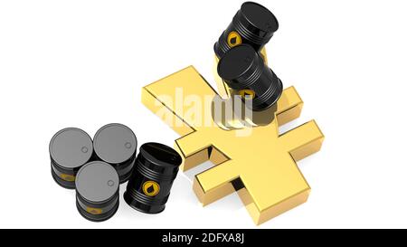 Schwarze Rohölfässer mit goldenem japanischem Yen-Zeichen, 3D-Rendering Stockfoto