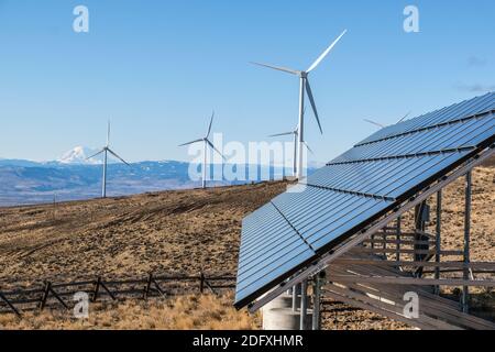 Windturbinen und Solarpanel mit Mount Rainier im Hintergrund Stockfoto