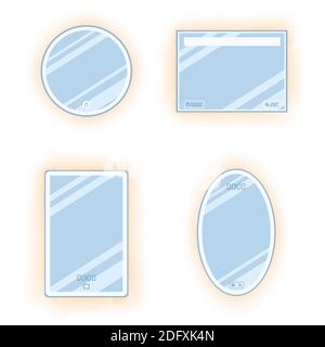 Moderne Spiegel in verschiedenen Formen mit Beleuchtung. Inneneinrichtung. Stock Vektor