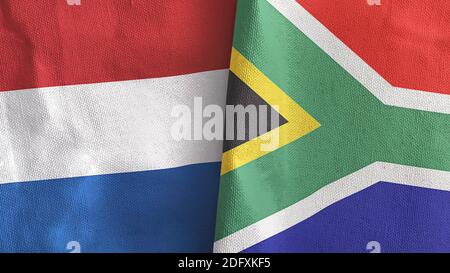 Südafrika und Niederlande zwei Flaggen Textil Stoff 3D-Rendering Stockfoto