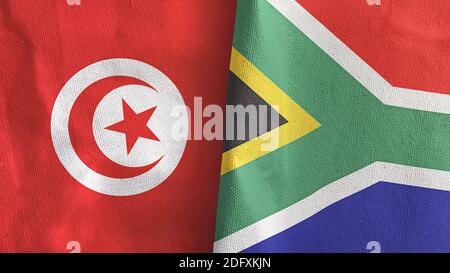 Südafrika und Tunesien zwei Flaggen Textil Stoff 3D-Rendering Stockfoto