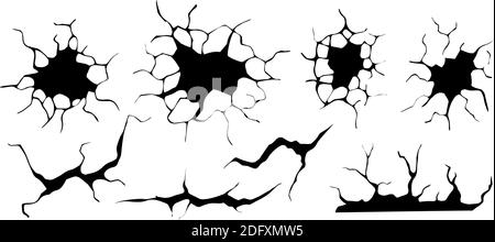 Bodenrisse gesetzt. Erdbeben und Bodenrisse, Lochwirkung, Craquelure und beschädigte Wandstruktur. Vektor-Illustrationen Erdbeben, Absturz, Zerstörung Stock Vektor