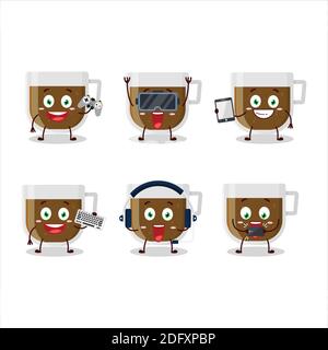 Tasse Kaffee Cartoon-Charakter spielen Spiele mit verschiedenen niedlichen Emoticons. Vektorgrafik Stock Vektor