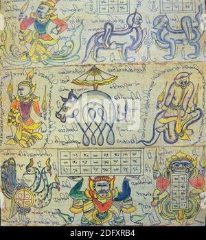 Astrologische Karte auf birmanischen Kalender zeigt Schutzgeister und mythische Tiere, Myanmar, Burma Stockfoto