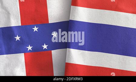 Thailand und Niederländische Antillen zwei Flaggen Textil Stoff 3D-Rendering Stockfoto