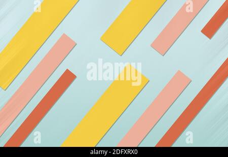 3d-Illustration, hellgrüner Hintergrund, gelbe, rosa und orange diagonale Streifen Stockfoto