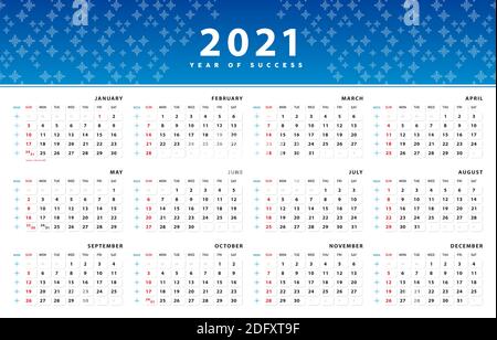 Design der Kalender 2021-Vorlage. Header Gradient blau minimal mit Musterform und sauber Layout für Unternehmen, Corporate Design Planer Vorlage Stock Vektor