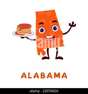 Niedliche Cartoon Alabama Staat Charakter Cliparts. Illustrierte Karte des Bundesstaates Alabama von USA mit Staatsname. Lustige Charakter-Design für Kinder Spiel, stick Stock Vektor