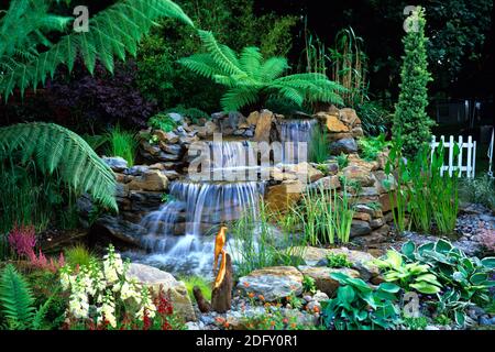 Schaugarten Wasserfälle mit Baumfarnen Stockfoto