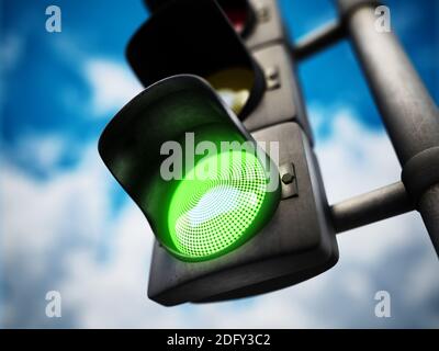 Ampel mit grünem Licht auf blauem Hintergrund. 3D-Illustration. Stockfoto