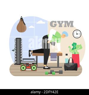 Alltag. Fitnessraum. Junger Mann macht Übungen mit Hantel, flache Vektor-Illustration. Sport und gesunder Lebensstil. Stock Vektor