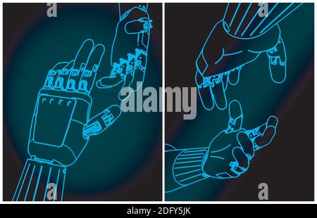 Vektor-Illustration von Robotern helfen Hände Nahaufnahme aus verschiedenen Winkeln Stock Vektor