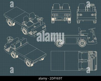 Stilisierte Vektor-Illustrationen von Flughafen Baggage Schlepptraktor Blaupausen Stock Vektor