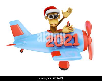 Affe mit Brille auf blauem Flugzeug mit Aufschrift 2021. 3d-Rendering. Stockfoto