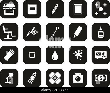 Tattoo Shop & Ausrüstung Icons Weiß Auf Schwarz Flat Design Groß Einstellen Stock Vektor