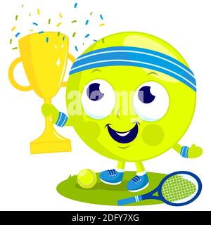 Cartoon Tennisball Gewinner Charakter mit einem Schläger und Tennisball hält die Trophäe. Stockfoto