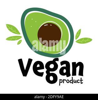 Veganes Produkt-Emblem mit Avocado, Etikett mit Text Stock Vektor
