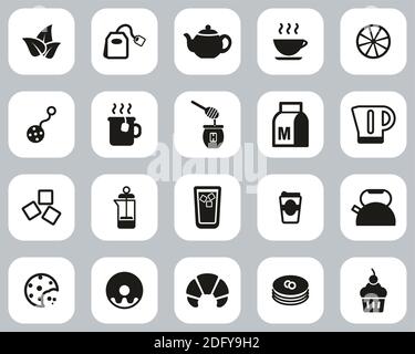 Tee Oder Heiße Getränke Icons Schwarz & Weiß Flat Design Groß Einstellen Stock Vektor