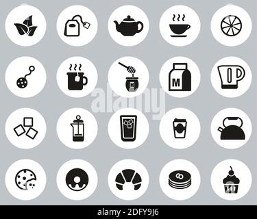 Tee Oder Heiße Getränke Icons Schwarz & Weiß Flat Design Kreis Groß Stock Vektor