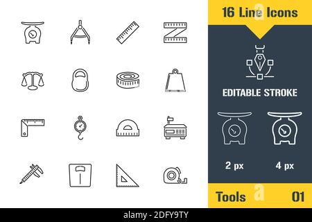 Messwerkzeuge, Waagen Wiegen. Symbol für dünne Linien - Darstellung des flachen Vektorgrafiken. Bearbeitbares Strichpiktogramm. Hochwertiges Grafikkonzept für Stock Vektor
