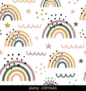Niedliches abstraktes Nahtloses Muster mit Regenbogen, Sternen und Punkten. Handgezeichnete Vektorgrafik im skandinavischen Stil. Stock Vektor