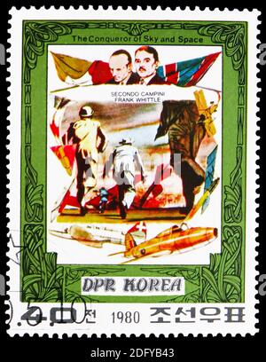 MOSKAU, RUSSLAND - 16. SEPTEMBER 2020: Briefmarke gedruckt in Korea Nord zeigt Secondo Campini und Sir Frank Whittle, Aviation Pioneers Serie, circa Stockfoto