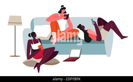 Frauen bleiben zu Hause Lesen und Surfen Websites Stock Vektor