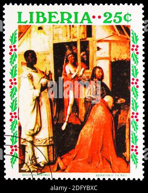 MOSKAU, RUSSLAND - 28. AUGUST 2020: Briefmarke gedruckt in Liberia zeigt Bosch, Weihnachts-Serie 1970, um 1970 Stockfoto