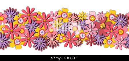 Papier Blumen nahtlose Rand. Rapportiertes Muster mit Papier geschnittenen Blüten rosa gelb lila. 3D-Stil. Papierschnitt Collage Grenze für Sommer, Frühling Stockfoto