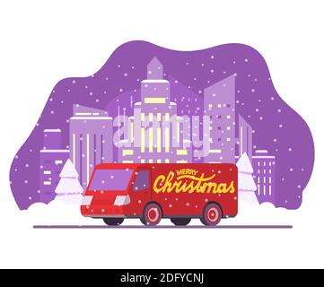 Weihnachtsliehwagen. Lastenwagen des neuen Jahres. Winter City Skyline Wolkenkratzer Stadtlandschaft fallender Schnee Winterzeit. Stock Vektor