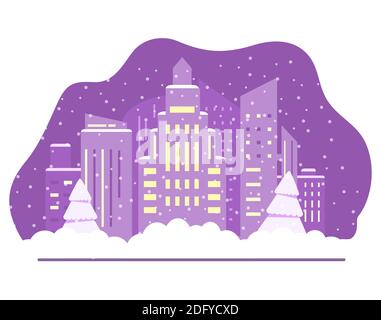 Nacht Winter City Skyline mit Wolkenkratzern. Winterzeit fallender Schnee. Innenstadt Stock Vektor