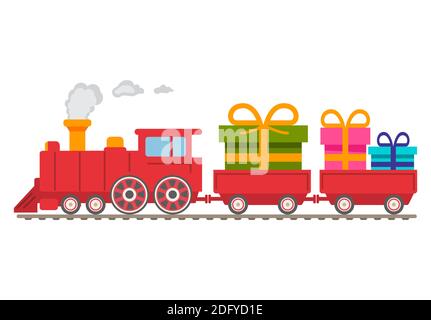 Weihnachten rote Dampflokomotive mit Wagen mit Geschenken. Stock Vektor