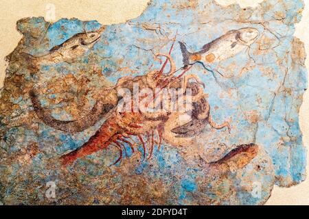 Fresko aus dem 2. Jahrhundert mit Meereslebewesen. Ein Oktopus kämpft gegen Aal und Hummer, während Fische vorbeischwimmen. Ausgestellt im Palazzo Massimo, National Roman Museum. Stockfoto