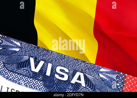 Belgien Visa Dokument, mit Belgien Flagge im Hintergrund. Belgien Flagge mit Nahaufnahme Text VISA auf USA Visumstempel im Pass, 3D Rendering.Visa Pass Stockfoto