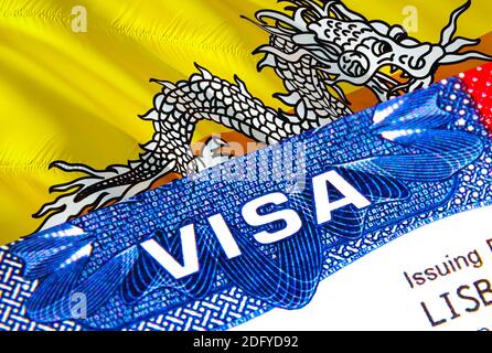 Bhutan Visum im Pass. USA Immigration Visa für Bhutan Bürger mit Schwerpunkt auf Wort VISA. Reisen Bhutan Visum in nationalen Identifizierung Nahaufnahme, 3D ren Stockfoto