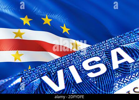 Kap Verde Visadokument aus nächster Nähe. Passvisum auf Kap Verde Flagge. Kap Verde Besuchervisum im Pass, 3D Rendering. Kap Verde multi Eingang in pa Stockfoto