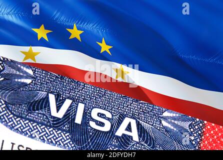 Kap Verde Visadokument, mit Kap Verde Flagge im Hintergrund. Kap Verde Flagge mit Nahaufnahme Text VISA auf USA Visumstempel im Reisepass, 3D Rendering.Visa Stockfoto