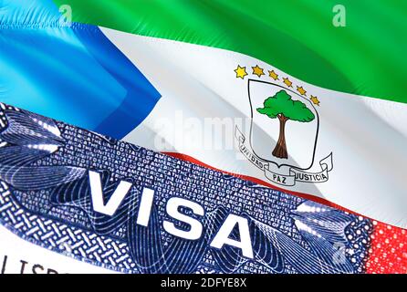 Äquatorialguinea Visa-Dokument, mit Äquatorialguinea-Flagge im Hintergrund. Äquatorialguinea Flagge mit Nahaufnahme Text VISUM auf USA Visumstempel in passpo Stockfoto