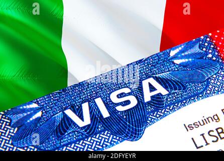 Italien Visum im Reisepass. USA Immigration Visa für Italien Bürger mit Schwerpunkt auf Wort VISA. Reisen Italien Visum in nationalen Identifizierung Nahaufnahme, 3D-Rendering Stockfoto