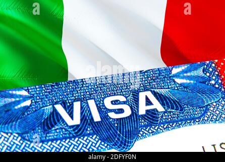 Italien Visa. Reise nach Italien mit Schwerpunkt auf Word VISA, 3D-Rendering. Italien einwandern Konzept mit Visum im Pass. Italien Tourismus Eingang im Pass. Vi Stockfoto