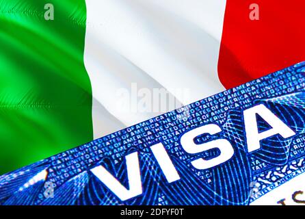 Italien Visum Dokument schließen. Passvisum auf Italien Flagge. Italien Besuchervisum im Pass, 3D Rendering. Italien multi Eingang im Pass. Nahaufnahme von V Stockfoto