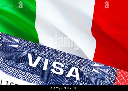 Italien Visa Dokument, mit Italien Flagge im Hintergrund. Italien Flagge mit Nahaufnahme Text VISA auf USA Visumstempel im Reisepass, 3D Rendering.Visa Passstempel Stockfoto