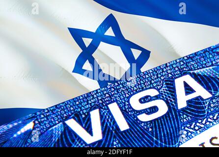 Israel Visadokument aus nächster Nähe. Passvisum auf Israel Flagge. Israel Besucher Visum im Pass, 3D-Rendering. Israel multi Eingang im Pass. Nahaufnahme Stockfoto